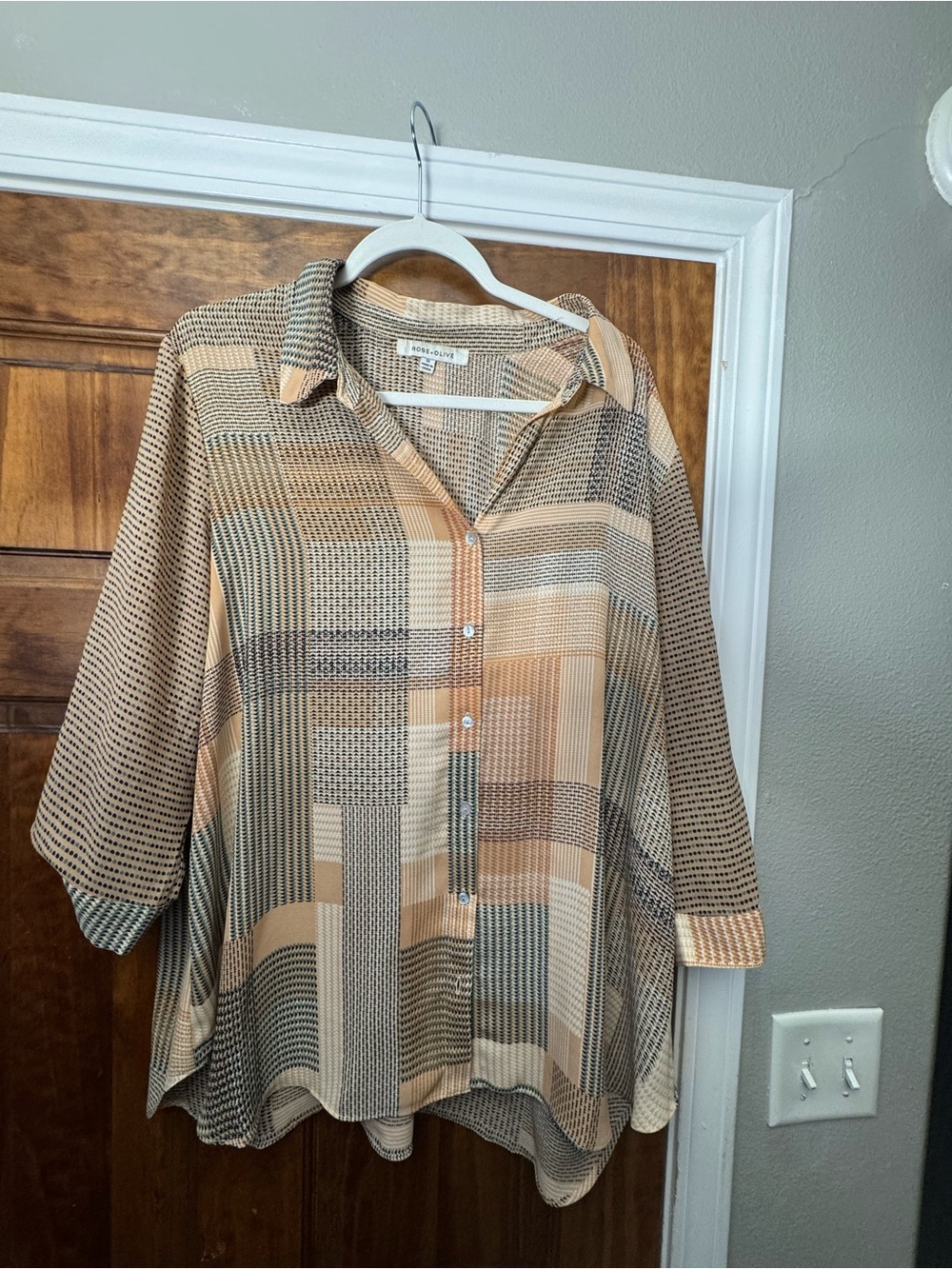 Rose & Olive Beige, Cream & Taupe Patchwork Button-Down Top